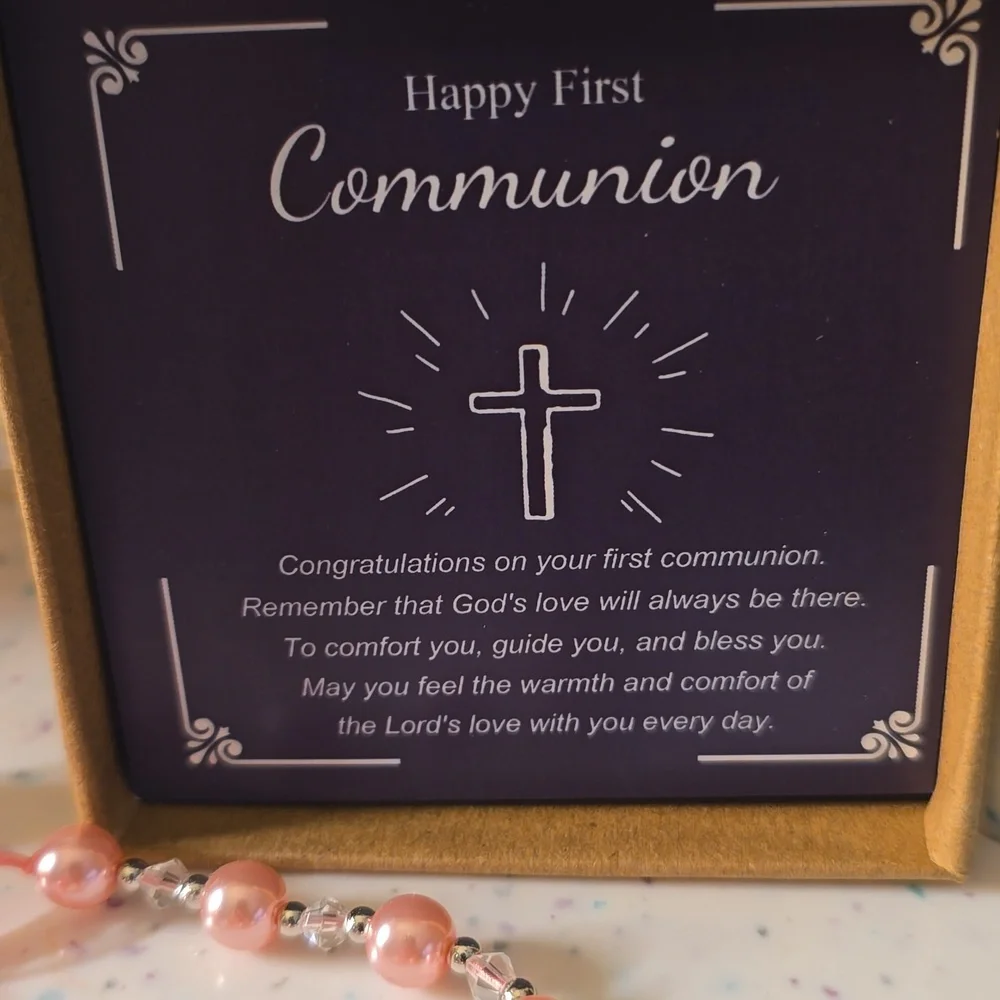 Pink Beaded Happy First Communion Bracelet with Cross Charm In  Gift Box New